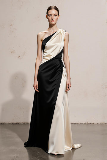 One Shoulder Black and White A Line Evening Dress